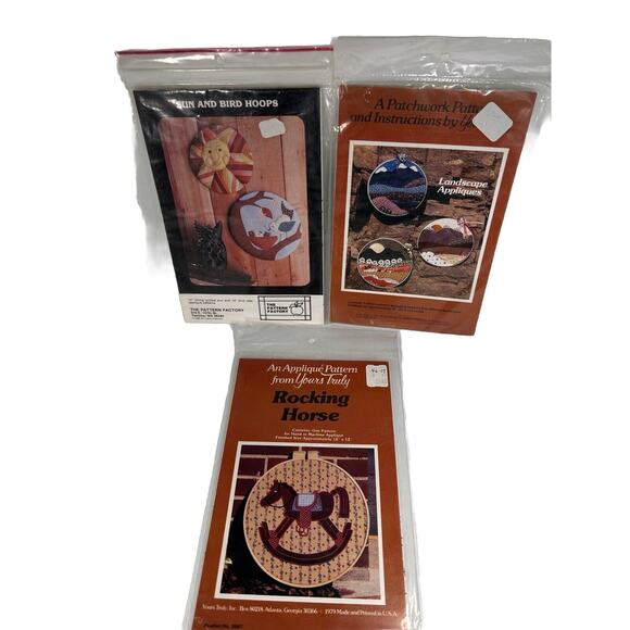 The Pattern Factory Other - Lot 3 Vintage Applique Patterns Landscape Sun Bird Rocking Horse Hoop NEW